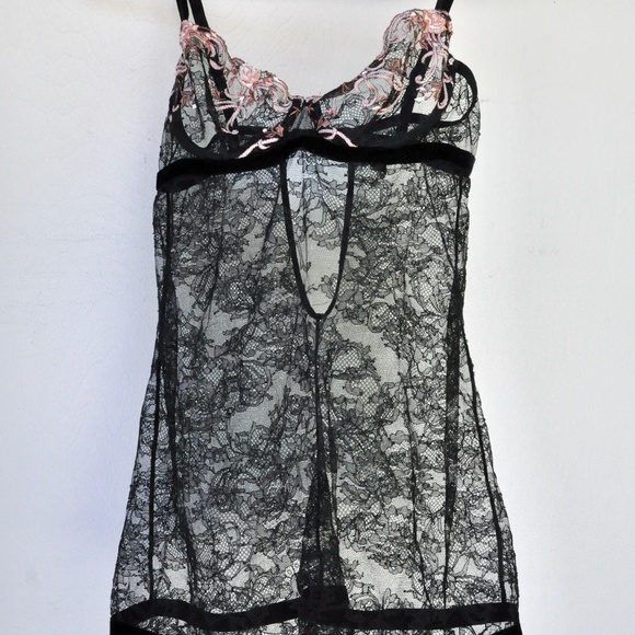 LA PERLA Black Lace Slip Dress Nightgown with Pink Floral Bra XS - US 32 C - Picture 6 of 7